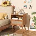 Lerliuo Rattan Nightstand, Side Table with Drawer Open Shelf, Cane Accent Bedside End Table with Solid Wood Legs, Mid Century Modern Night Stand for Bedroom, Dorm and Small Spaces (Tea Brown)