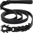 GEIT 4/5/6FT Leather Dog Leash, Heavy Duty Dog Training Leashes, Genuine Leather Braided Leash with Quick Release/Locking Tactical Frog Clip for Medium and Large Dogs (Black)