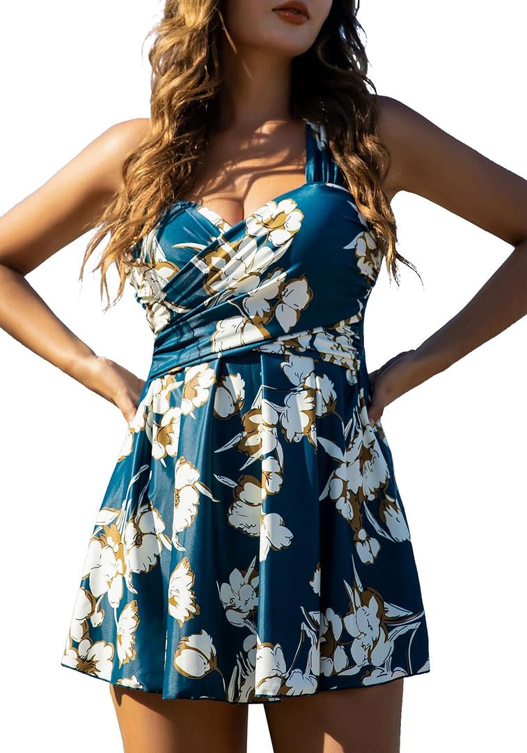 COCOPEAR Women's Elegant Crossover One Piece Swimdress Floral Skirted Swimsuit (3X-Large, Dark Prussian Blue Floral)