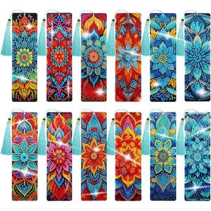 12 Pcs DIY Mandala Diamond Art Bookmarks for Adults Women Beginners Acrylic Dotz Kit 5d Floral Rhinestone Diamond Painting Bookmarks Diamond Art Book Marks with Tassels Crafts Supply