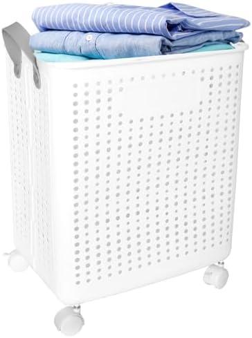 Collapsible Laundry Baskets With Wheels,Laundry Hamper,Foldable Rolling Laundry Basket Plastic With Handles& Breathable, 62L(16Gallon) White