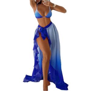 SHENHE Women's 3 Piece Swimsuits Ombre Triangle Bathing Suit with Sarong Coverup Wrap Skirt (Blue, S)