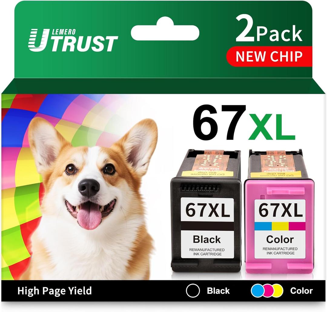 LEMERO UTRUST 67XL Ink Cartridge Black and Color Combo Pack Replacement for HP 67 67XL Printers Works with HP 2700 2700e 2755 2755e 2855e 2800e 2852e 2827e 4100e 4155e 4255e 6000 6055e 6455e (2 Pack)