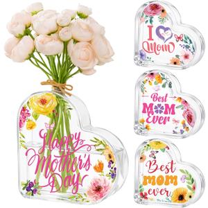 Hushee 4 Pcs Mother's Day Church Gifts Acrylic Heart Flower Vase for Best Mom Ever Mom Birthday Gifts Clear Heart Shaped Decoration Vase Bouquet Decor for Women Grandma Bookshelf Home Table Decor