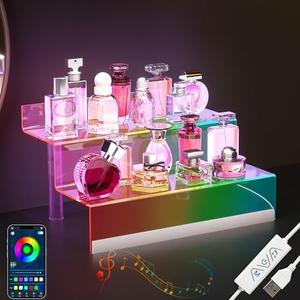 12” Acrylic Display Organizer with LED Light - 2 Tier Perfume Stand and Display Step Shelves Holder, Cologne Organizer for Men, Figures Stand, Porta Perfumes Para Tocador, Clear Riser, Dessert Shelf
