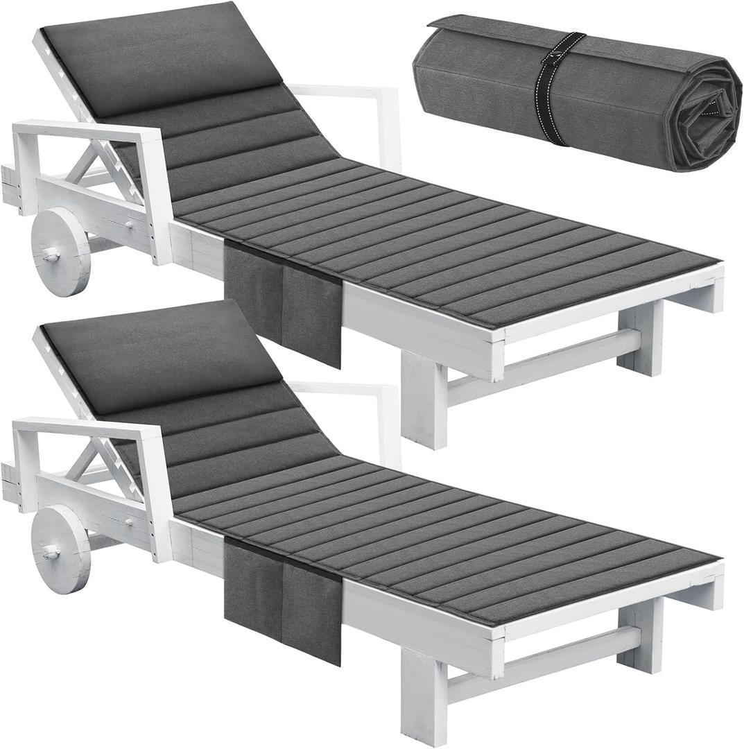 Hoolerry 2Pcs Outdoor Lounge Chair Cushions Waterproof Folding Chaise Lounge Cushion for Patio Lawn Pool Beach Chair Pad with Headrest and Pocket 72'' x 21'', No Chair, (Grey)