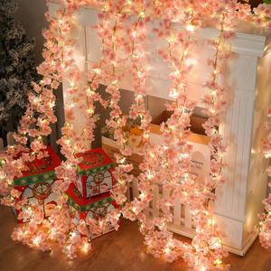 Cherry Blossom String Lights Artificial Flowers Outdoor Hanging Silk Flowers Garland for Wedding Party Home Bedroom Decor Pink Room Decor Aesthetic