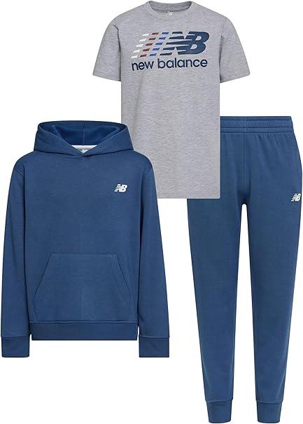 New Balance 3Pc Sweatsuit for Boys & Toddlers - Pullover Hoodie, T-Shirt, Jogger, Kids Soft Cotton Blend Fleece (2T-12) (Black)