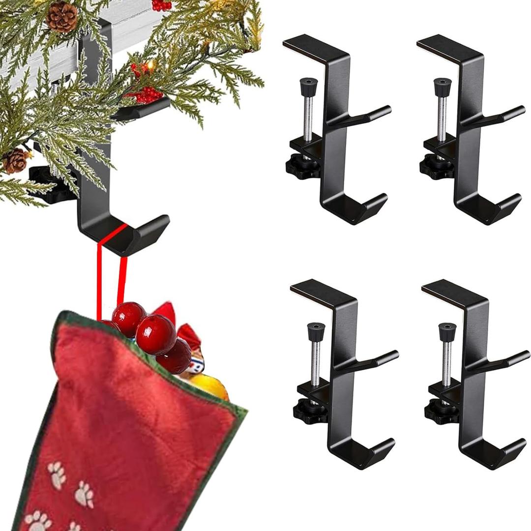 4 Pack Christmas Fireplace Stocking and Garland Hanger, Mantle Garland Holder for Hanging Christmas Stockings, Adjustable About 0.19 to 2.09 Inches Thickness Garland and Stocking Holder, Black