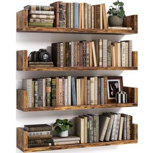 Floating Bookshelves for Wall - Wall Mounted Bookshelf Set of 4, U-Shaped Hanging Bookshelf for Bedroom, Living Room & Office, Wall Book Shelf for Home Decor & Storage (4, Rustic Brown, 23.63 Inches)