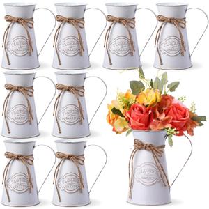 Chumia 8 Pcs Metal Pitcher Jug Vase for Flower Farmhouse Rustic Milk Can 7. 87 Inch Flower Vintage Vase Pitcher Decor Kitchen Bathroom Decor for Home (White)