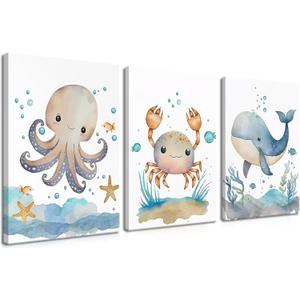 Ocean Nursery Wall Art Set of 3, Sea Animal Baby Boys Room Canvas Wall Decor Paintings, Watercolor Ocean Kids Nursery Posters Prints Pictures for Boys and Girls Room, Bedroom 12x16 Inch Framed