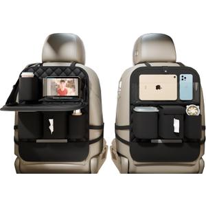 XDV Car Seat Organizers, Multi-functional Back Seat Protectors, Storage Pouches, Child kicking prevention and Tray Holders Kick Mats Back (for Cars, Kids, and Rear Seats) (Black, 2 Pack with Food Tray)