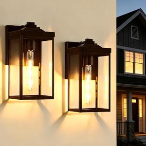 Oil Rubbed Bronze Dusk to Dawn Outdoor Wall Light Fixtures, 2 Pack Waterproof Front Porch Lights Exterior Wall Mount Sconce Outside Lighting with Glass for Garage Porch House, OS-JJ249-OB-2PK, 2-Pack, Medium