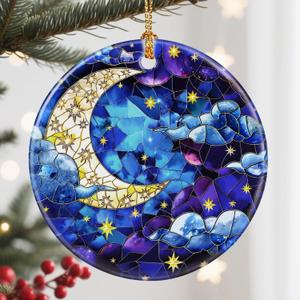 7 x Christmas Ornament, Christmas Decoration, Ceramic-Style Night Sky Ornament, Heirloom Keepsakes, Holiday Ornaments, Holiday Presents, Unique Xmas Gifts, Gift Exchange Ornaments, Gift Idea (Moon and Star)