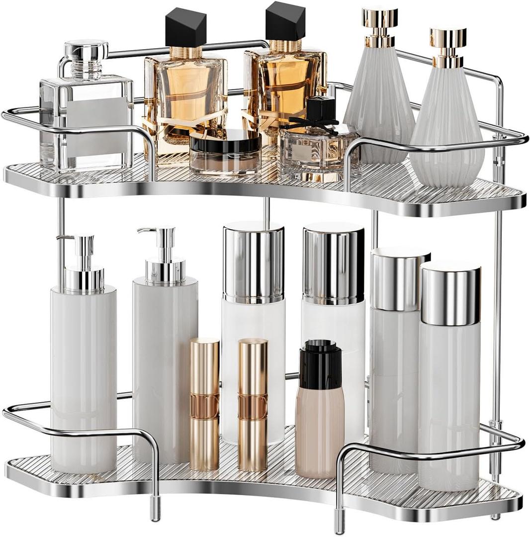 Seoneiro 2 Tier Corner Bathroom Counter Organizer, Cosmetic Skincare Organizer, Bathroom Countertop Perfume Tray Vanity Organizer, Kitchen Spice Corner Storage Shelf
