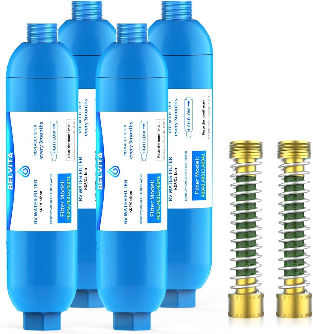 BELVITA RV Inline Marine Water Filter, Reduces Chlorine, Bad Taste, Odor for RVs,NSF Certified with Flexible Hose Protector (Pack of 4)