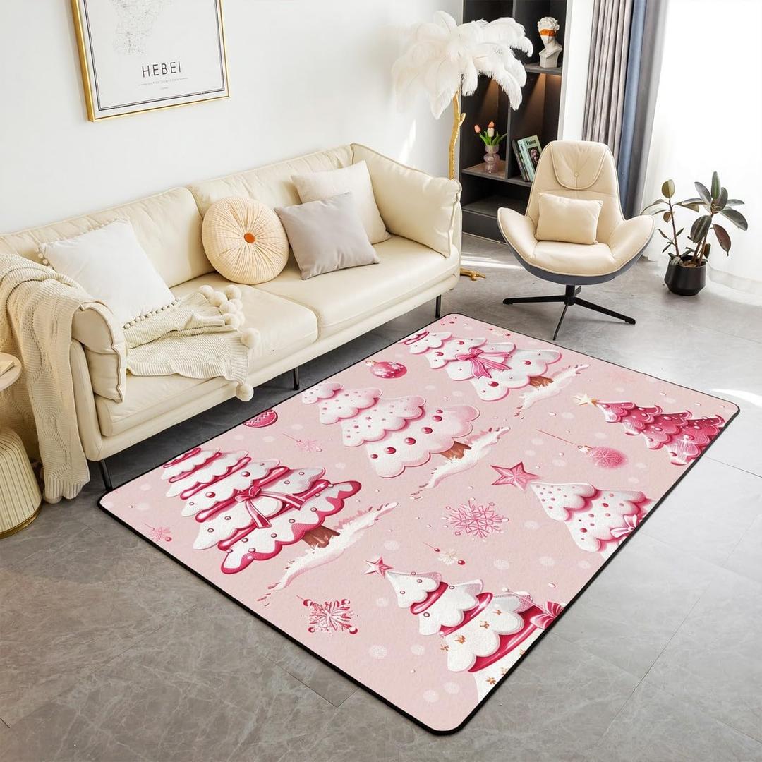 Feelyou Christmas Living Room Rugs Area Rug 3x5 Merry Christmas Accent Rug for Boys Girls Teens Christmas Tree Indoor Floor Mat Snowflake Decorative Rug Beige Pink Doormats Floor Mat (3'3" x 4'11" (Rectangular))