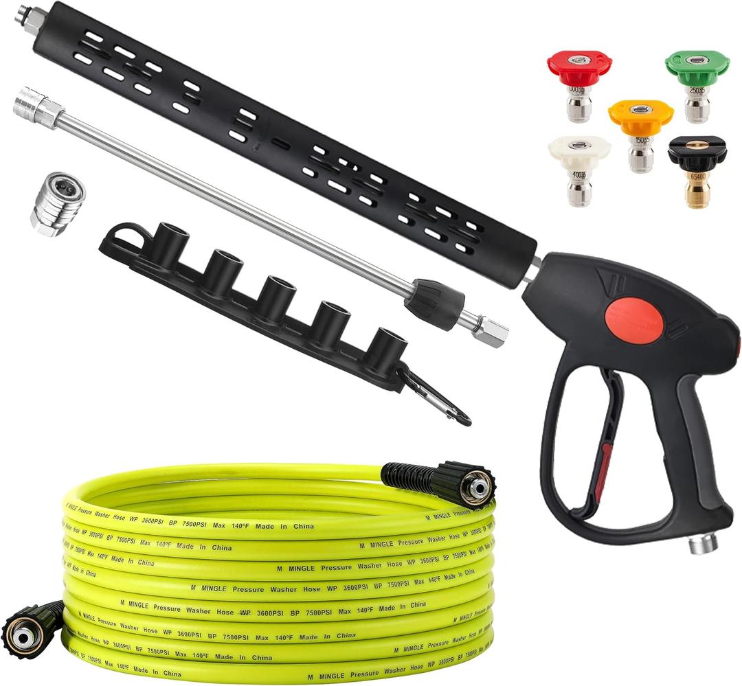 M MINGLE Pressure Washer Hose and Gun Kit, 25 FT Power Washer Hose with 5 Nozzle Tips and M22-14mm Fitting, Replacement for Ryobi, Simpson, Craftsman