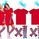 2 Set Costume for Women Include Red T Shirt Striped Socks Stretchy Gloves Blue Tulle Ponytails Headband for Cosplay (Small)