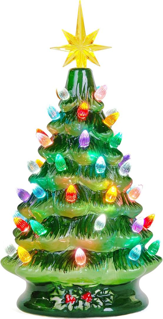 Joiedomi 12" Ceramic Christmas Tree, Table Top Christmas Tree with Flower Leaf, Vintage Pre-lit Xmas Decor with LED Lights, Battery Operated Hand-Painted Xmas Decorations Indoor Home (Green)