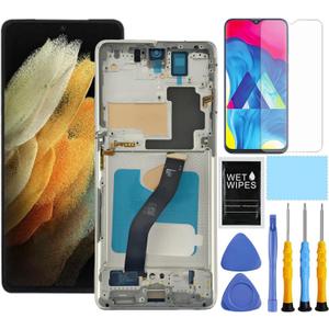 AMOLED for Samsung Galaxy S21 Ultra 5G Screen Replacement with Frame for Samsung S21 Ultra Screen Replacement kit SM-G998u G998a G998w LCD Touch Display digitizer with Tools Silver