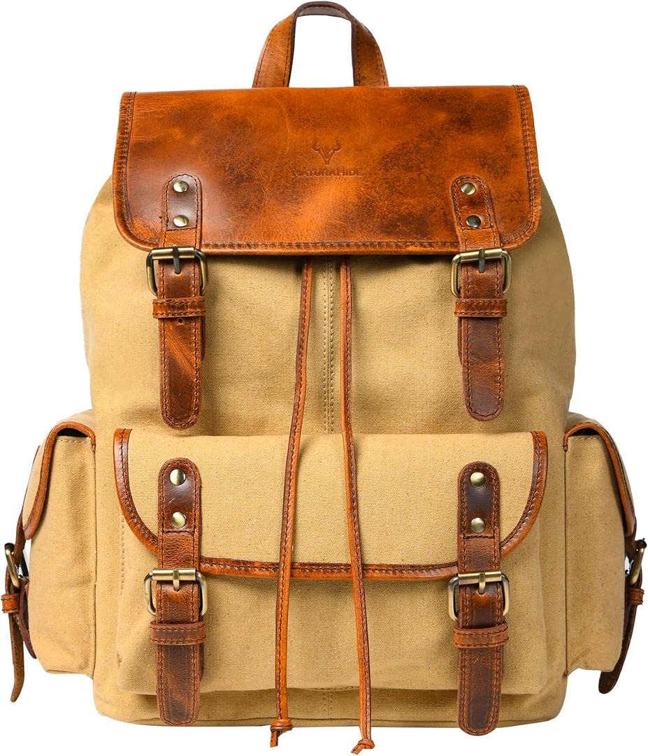 NATURAHIDE Leather Canvas Backpack Durable Vintage Large Travel Laptop Bag for Men & Women Work Hiking School (Tan)