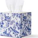 Blue and White Tissue Box Cover Wooden Floral Bird Vintage Square Tissue Box Holder for Bedroom Bathroom Office Desk Countertop Modern Farmhouse Decor, 6 x 6 x 6 Inch