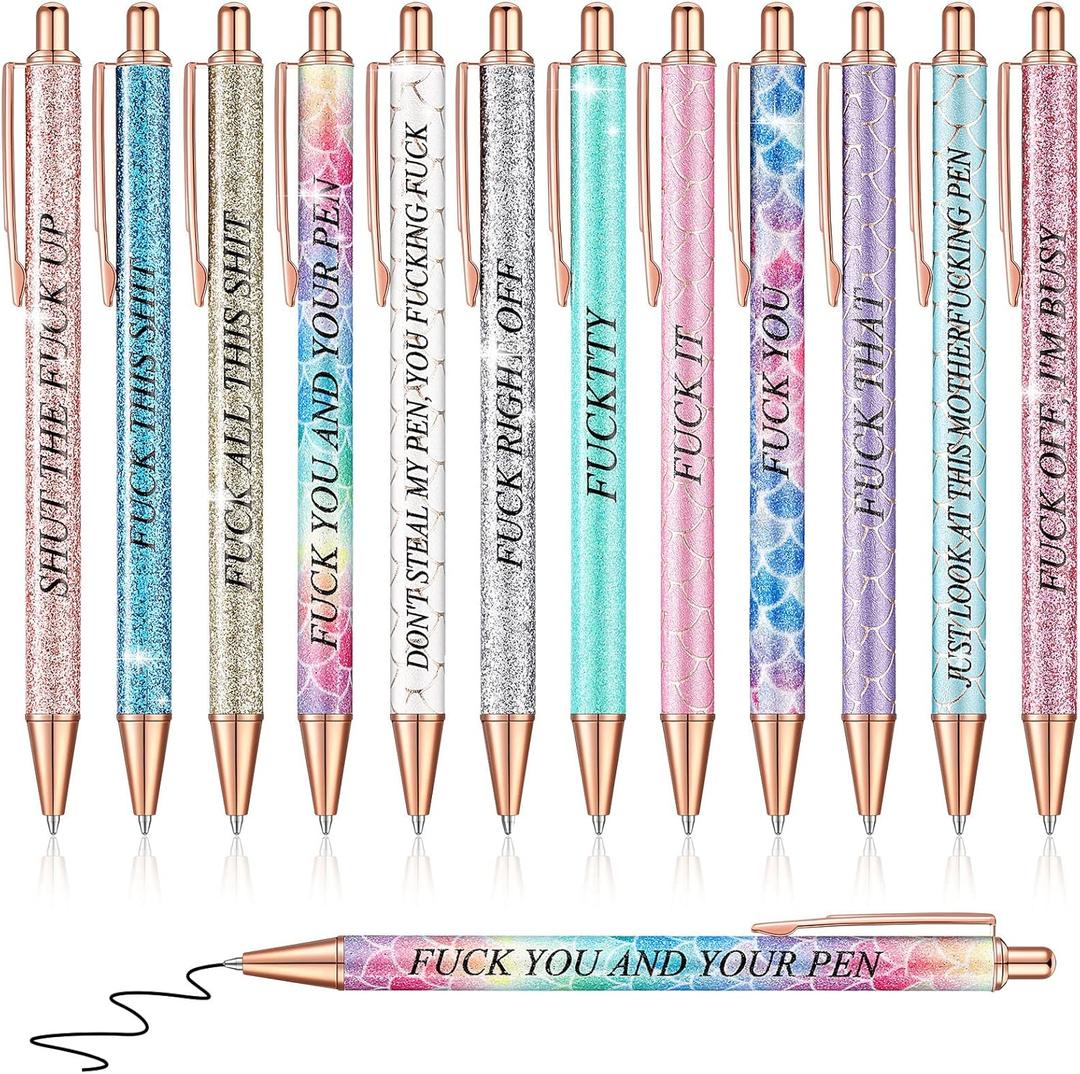 Glenmal 12 Pieces Glitter Funny Word Ballpoint Pens Funny Negative Pens for Adults Novelty Fun Humorous Sayings Office Supplies for Co Worker Colleague Office Supplies(Snarky)
