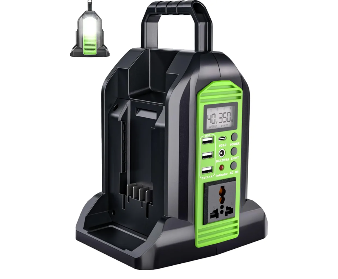 350W Power Inverter for Greenworks 40v Battery, 2-Ports DC 40V to AC 110-120V Pure Sine Wave Battery Inverter with 3 USB-A Port, 1 USB-C Port,300lm LED Light for Camping Travel Emergency(Tool Only)