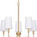 Chandelier, Brass Gold with White Fabric Shade, 5-Light Modern Farmhouse Hanging Pendant Lighting Fixture for Bedroom, Kitchen Island, Living & Dining Room (Brass Gold & White Shades)