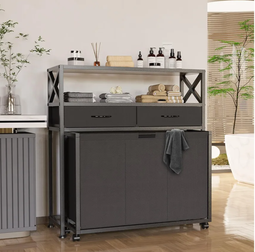 Laundry Hamper 3 Section, Rolling Laundry Sorter Basket with 2 Shelves and 2 Drawers, 3 Compartment Clothes Organizer Cart with Wheels, Pull-Out Bags for Laundry Room, Bathroom, Bedroom