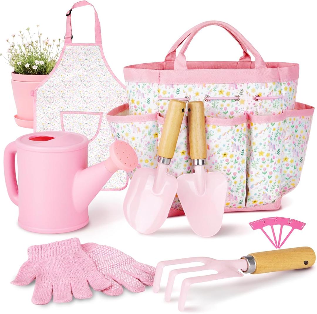 Kids Gardening Set, Gardening Tools Kit for Kids and Toddlers, Includes Wooden Rake, Two Shovels, Gloves, Watering Can, Apron, and Tote Bag, Outdoor Toys for Girl Boy, Pink