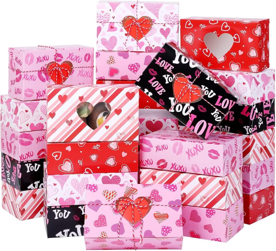 MIMIND 36 Pack 7.8 x 4.7 x 2.75 Inch Valentines Day Bakery Cookie Boxes with Heart Window Cupcake Treat Boxes Valentines Day Candy Goody Container Boxes with Tags for Valentines Party Favors