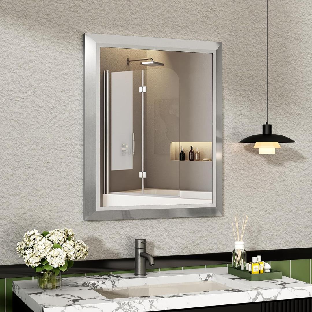 SMIROR Brushed Silver Bathroom Mirror for Over Sink, 24x 28 Metal Thick Framed Rectangle Vanity Mirror for Wall, Right Angle Corner, Anti-Rust, Horizontally or Vertically Mounted