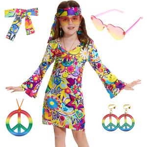 70s Hippie Dress for Girls, 1970s Outfits Peace Sign Necklace Headband, 60s Themed Party Costumes for Kids 5-14 Years (Peace Love Colourful)