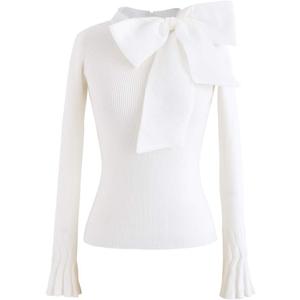 CHICWISH Women Bow Tied Long Sleeve Knit Top Mock Neck Slim Fitted Elegant Blouses Top Solid Wrap Pullover Tops (Large-X-Large, White)