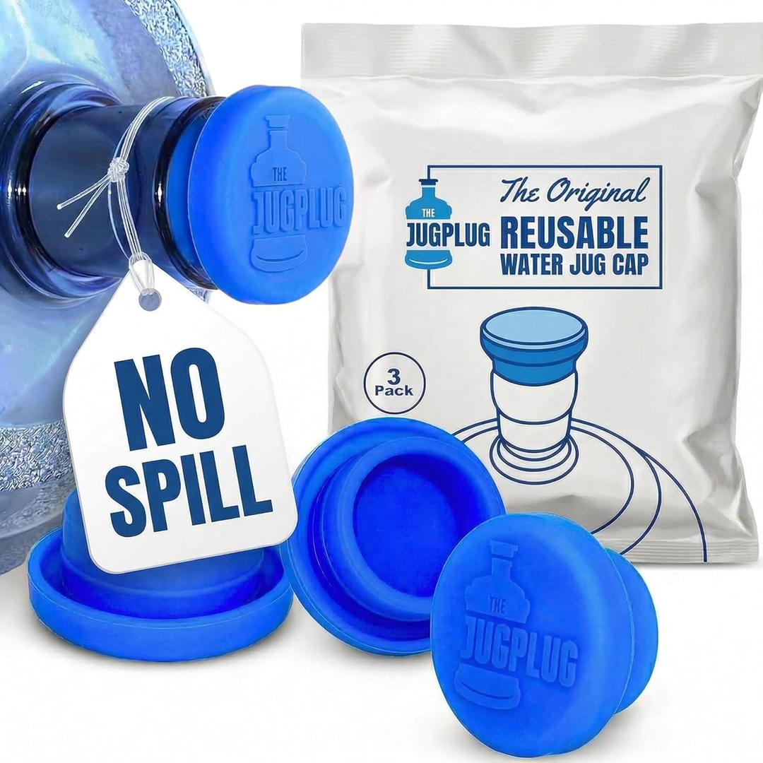 Jug Plug 5 Gallon Water Jug Cap – No Spill, Fits All Standard 3 & 5 Gal Jugs – Reusable Silicone Jug Lid & Caps Replacement, Leak-Proof Water Bottle Cap – 3 Pack (Blue)