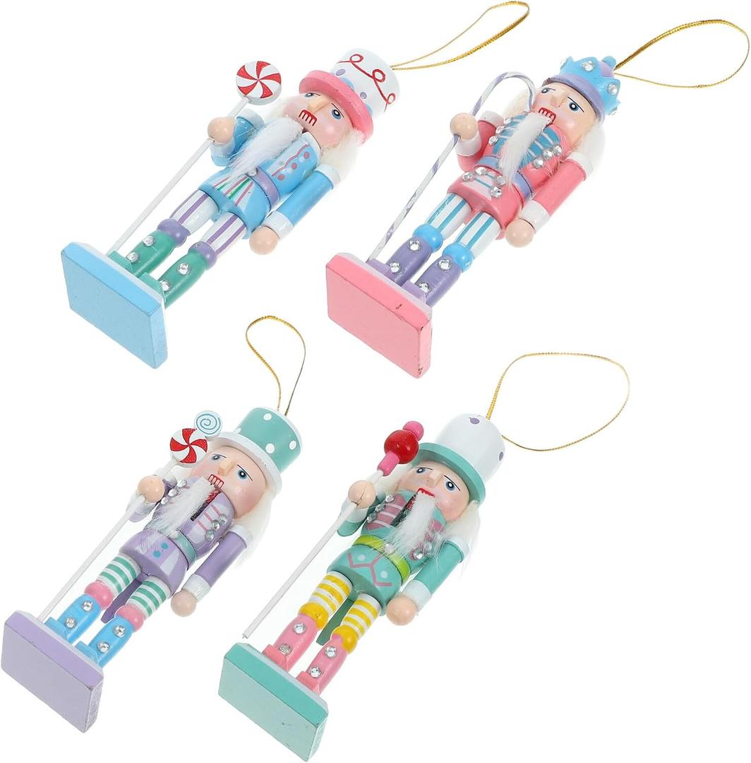 4pcs Small Wooden Christmas Nutcracker Figurines Candy Color Nutcracker Soldier Ornaments 13cm Traditional Xmas Hanging Decorations for Tree Shelf Table