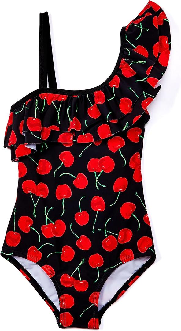 Kanu Surf Girls' Morgan Floral Ruffle 1-Shoulder one Piece Swimsuit (7, Addie Black)