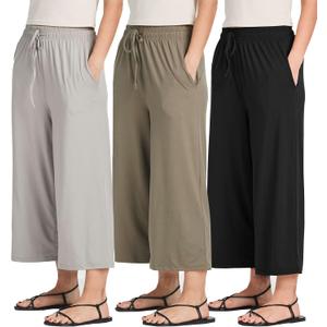 Real Essentials 3 Pack: Women's Ultra-Soft Wide Leg Loose Capri Open Bottom Pants - Yoga Lounge Pockets Small