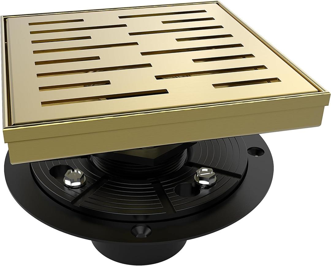 WEBANG 6 Inch Square Shower Drain Gold Floor Drain with Flange Rainline Pattern Cover Grate Removable SUS304 Stainless Steel Watermark&CUPC Certified Brushed Gold