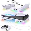 Auarte RGB Horizontal Stand for PS5 Pro / Slim Console Accessories with 14 Light Mode and 4 USB Hubs, Side Stand for Playstation 5 Pro Slim Disc & Digital, Base Holder with Controller Charging, White
