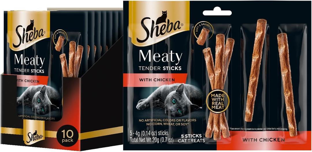 Sheba Meaty Tender Sticks Chicken Cat Treats, Chicken Flavor, Cat Snacks, 0.14 oz., 5 Count, Pack of 10 (50 Sticks Total), BB Date: 02/27/27