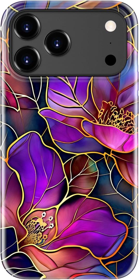 for iPhone 17 Pro Case - Wireless Charging Compatible - Dual-Layer Hard Shell + Silicone Cover - Shockproof Protective Phone Case with Stylish Designs for Women - Blooming Purple Flowers