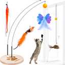 JXFUKAL Interactive cat Toy, Automatic Cat Wand Toy with Stable Wooden Base, 2 PCS Detachable Cat Teaser, 5PCS Refills Replacement & Hanging Elastic String, Kitty Kitten Toys Feather Spring Bird Toy