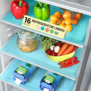 Refrigerator Liners for Shelves (16 Pack) by Lindas Essentials - Non-Adhesive Shelf or Drawer Liner, BPA-Free Fridge Mats for Kitchen & Cabinets, Easy to Clean, Ideal Household Essentials (Blue)