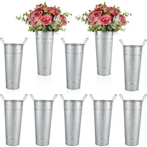 Galvanized Metal Vases for Centerpieces, 10 Inch Flower Buckets Artificial Floral Vase in Bulk Rustic Home Decor, Silver