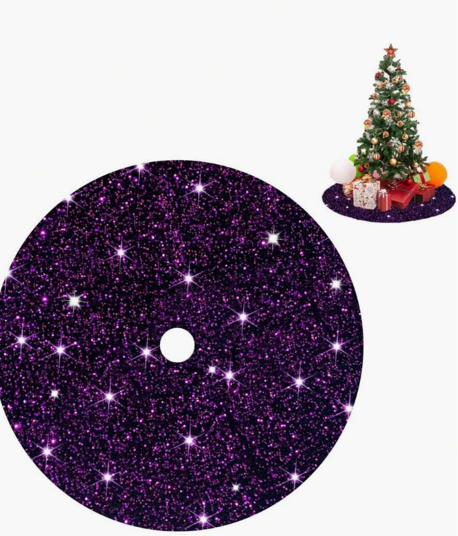 20 Inch Purple Sequin Christmas Tree Skirt， Xmas Tree Skirts Round Tree Base Skirt
