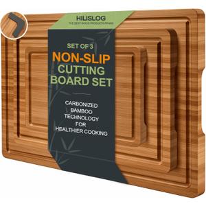 3 Pack Bamboo Cutting Board Set with Non Slip Solid Wood Cutting Boards Non Toxic Chopping Board for Kitchen Small Cutting Board Non Plastic Charcuterie Boards Meat Healthy Bread Cutting Board Sets
